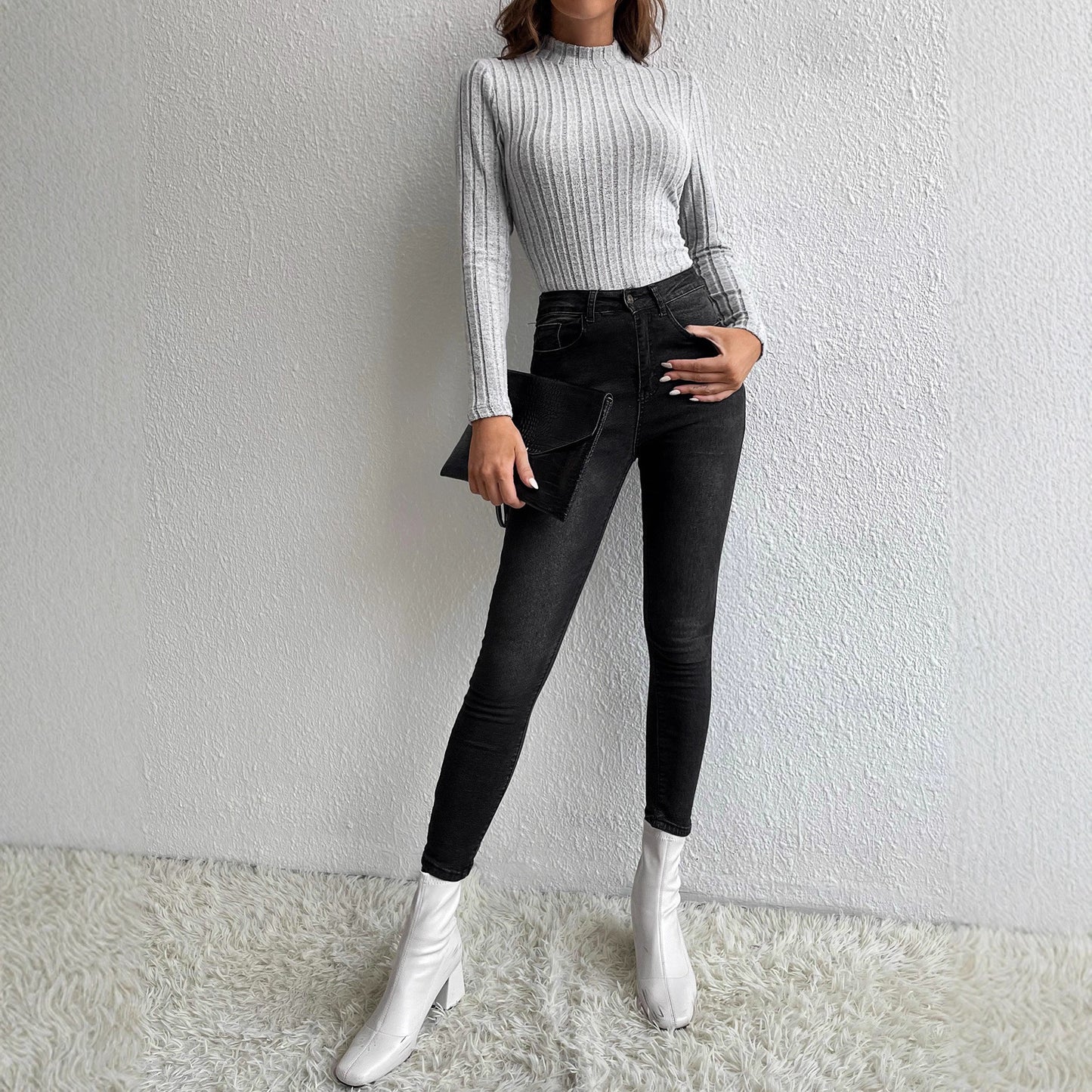 Women's Color Rib Fabric Pullover Long-sleeved Bottoming Shirt Women's Sweater