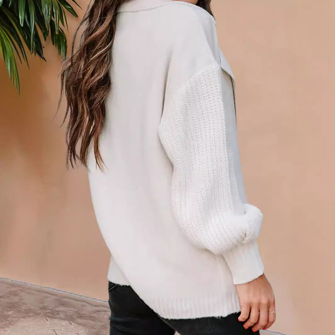 Solid Color Collar Long Sleeve Knitted Sweaters