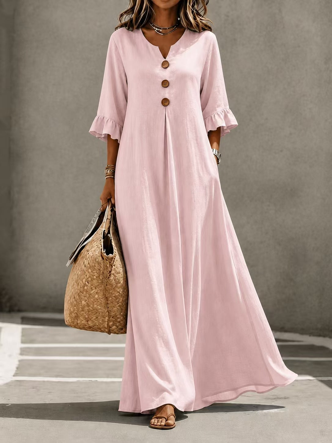 Women's Lotus Leaf Sleeve Pocket Long Fashion Dress