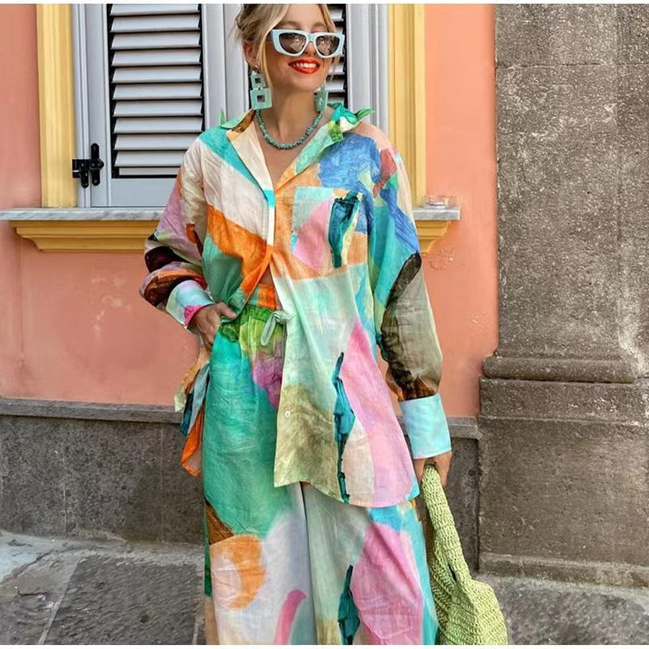 Printing Collar Loose Long Sleeve Two-piece Fashion Casual Suit