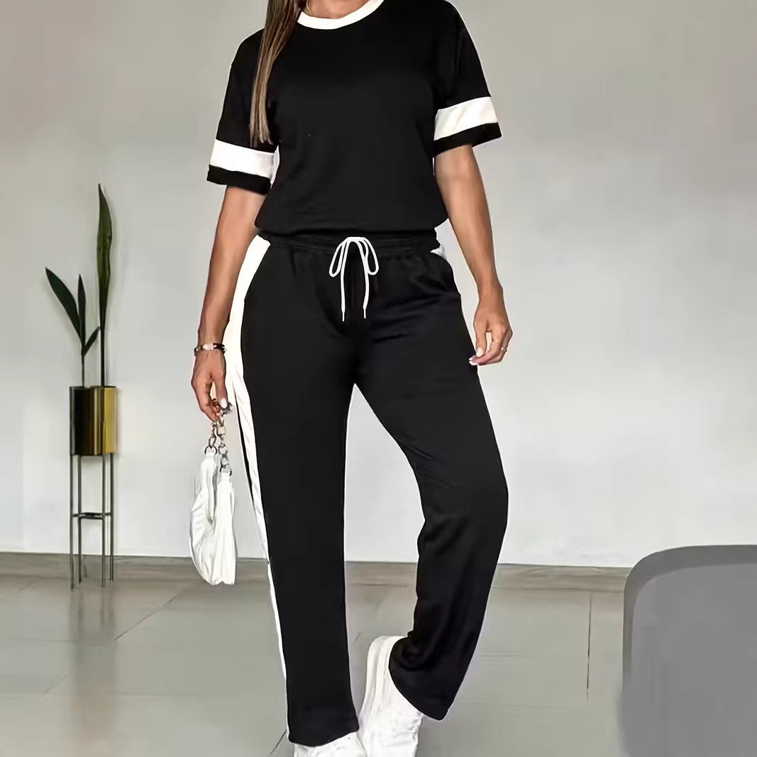 Women's Short-sleeved Side Striped Contrast Color Two-piece Fashion Casual Suit