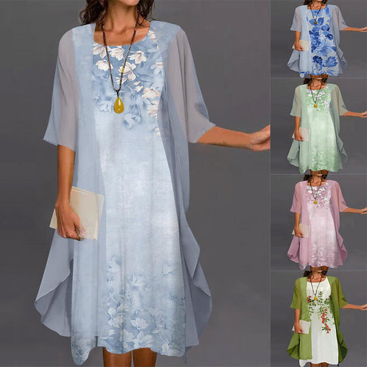 Women's Summer Casual Dress Two-piece Set Flowers Plants Printed Dresses