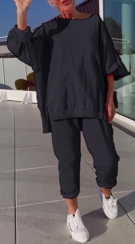Women's Casual Solid Color Round Neck Long Suits
