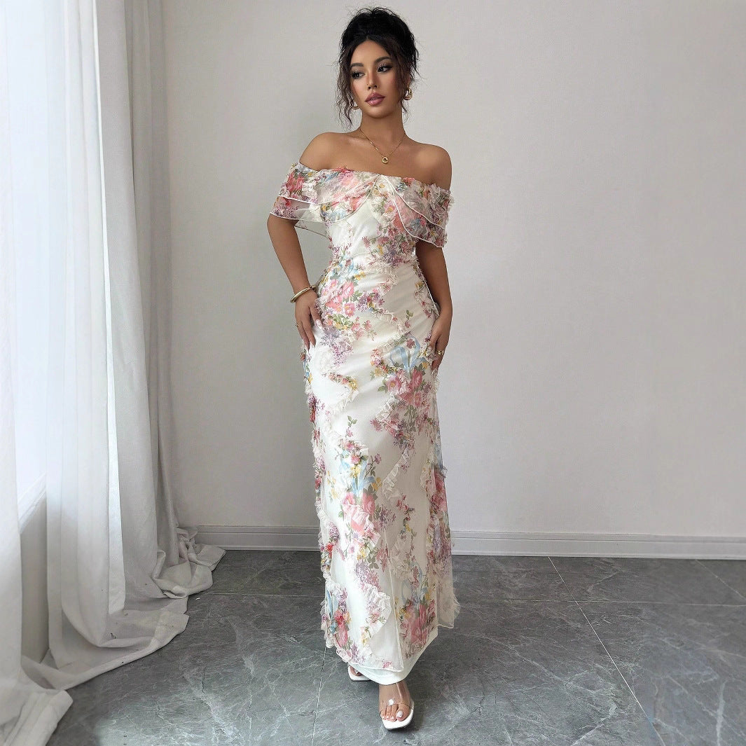 Women's Romantic Ruffled Cinched Mesh Floral Dress Dresses