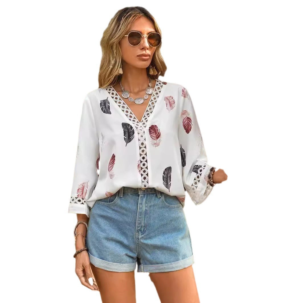 Women's Summer Shirt Fashion Lace Stitching Sleeve Blouses