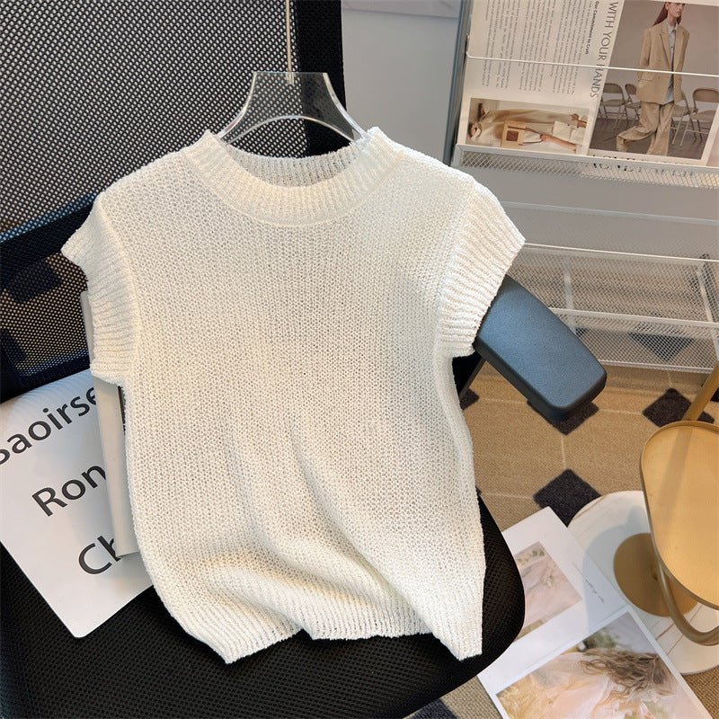 Women's European Goods Short-sleeved Summer Silk Ice Design Sleeveless Solid Women's Sweater