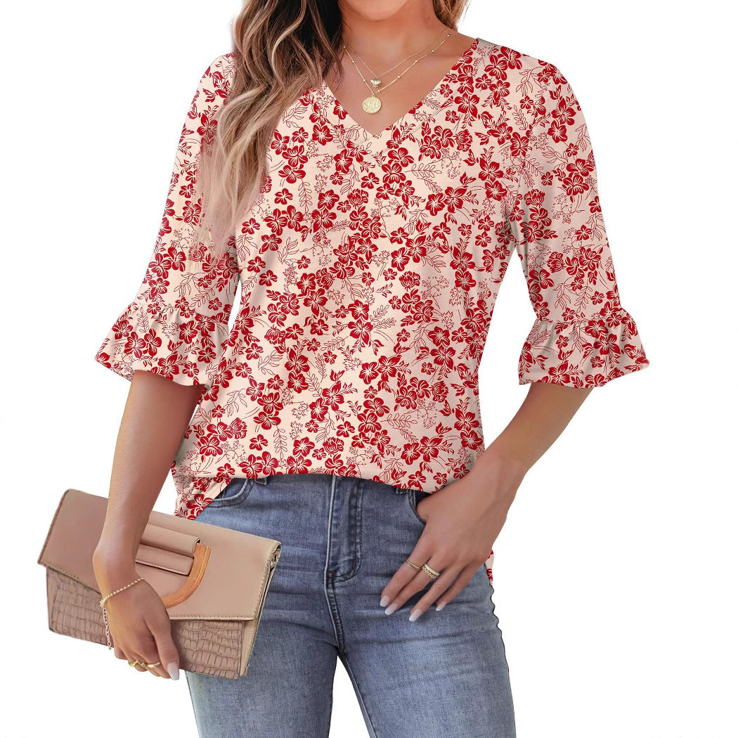 Printed Shirt Floral Flared Half Sleeve Blouses