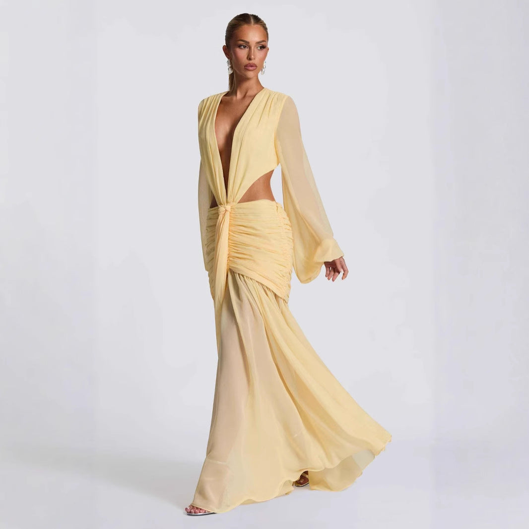 Women's Chiffon Dress Yarn Sleeve Sexy Backless Dresses