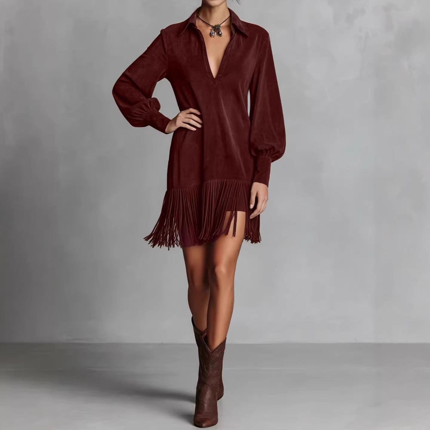 Women's Faux Suede Lapel Zipper Fashion Fringed Dress