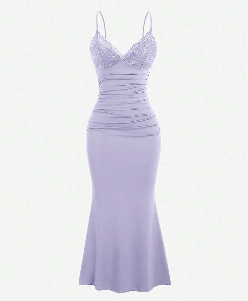 Women's American Elegant Lace Stitching Solid Color Pleated Fishtail Hem Suspender Dress