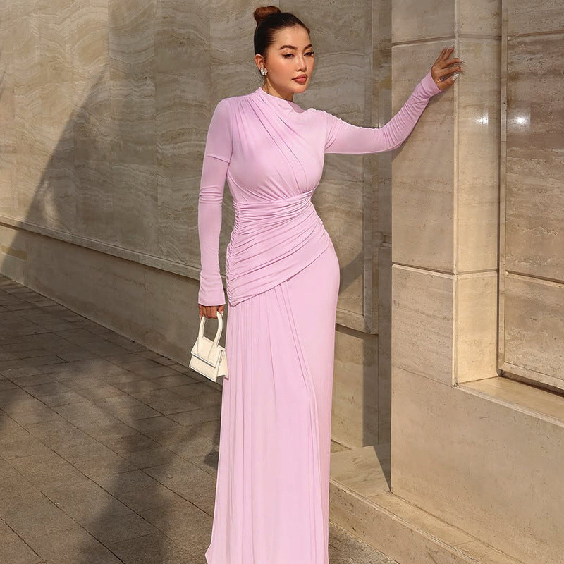Winter Fashion Solid Color Round Neck Long Sleeve Pleated Elegant Dress