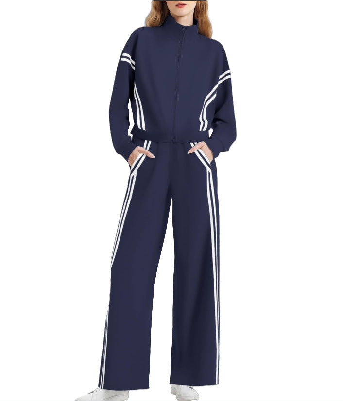 Wear Zipper Sports Contrast Color Striped Wide Leg Jogger Travel Fashion Casual Suit