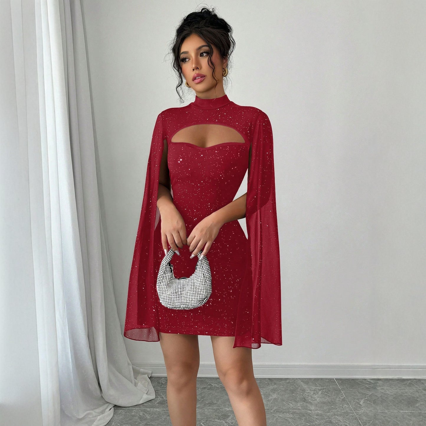 Women's Round Neck Sunken Stripe Pearl Chiffon Dress