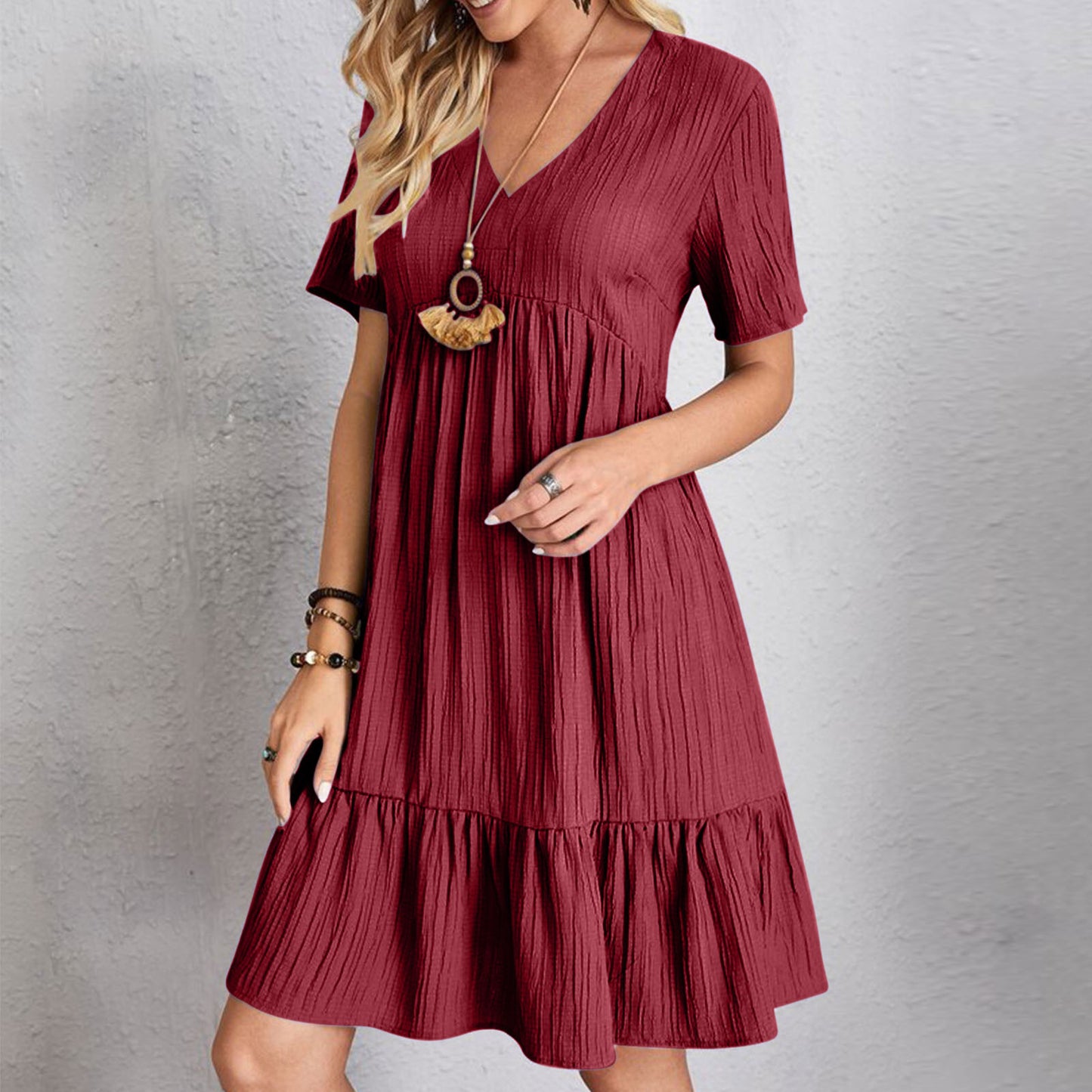 Women's Loose Solid Color Pleated Casual Lace Dress
