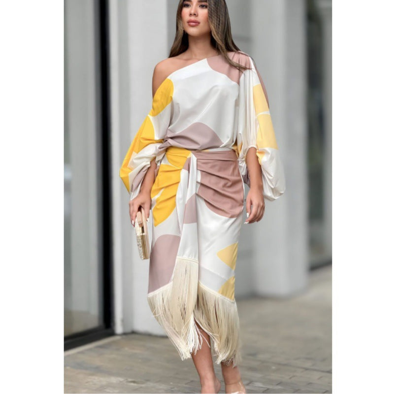 Summer Printed Lantern Sleeve Loose Tassel Tops