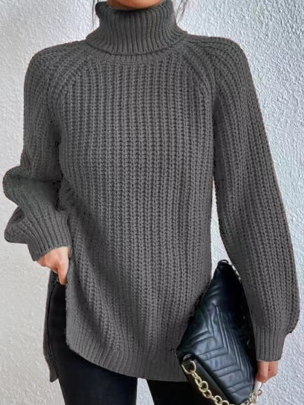 Women's Mid-length Raglan Sleeve High Lapel Split Knitwear