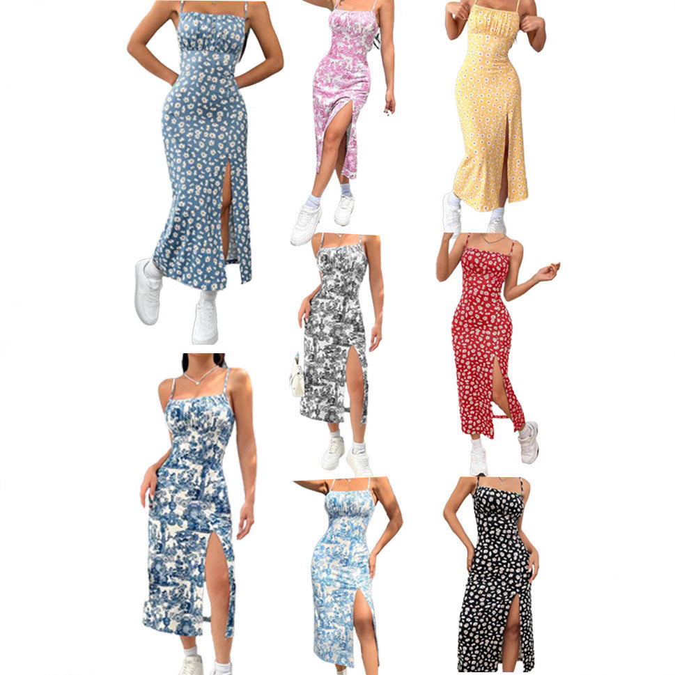 Autumn Spaghetti Straps Chest Wrap High Slit Little Daisy Leopard Dress