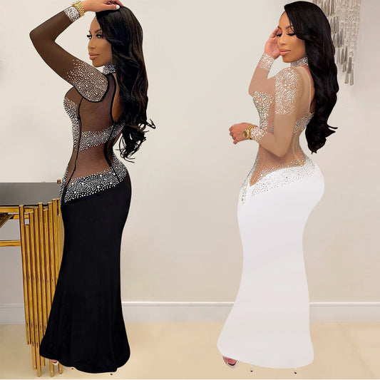 Women's Fashion Wear Rhinestone Round Neck Dress Dresses