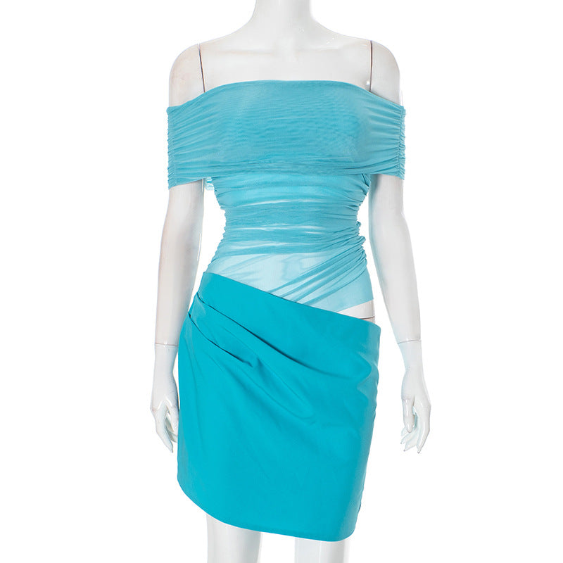 Women's Mesh Stitching Midriff Pleated Dress Dresses