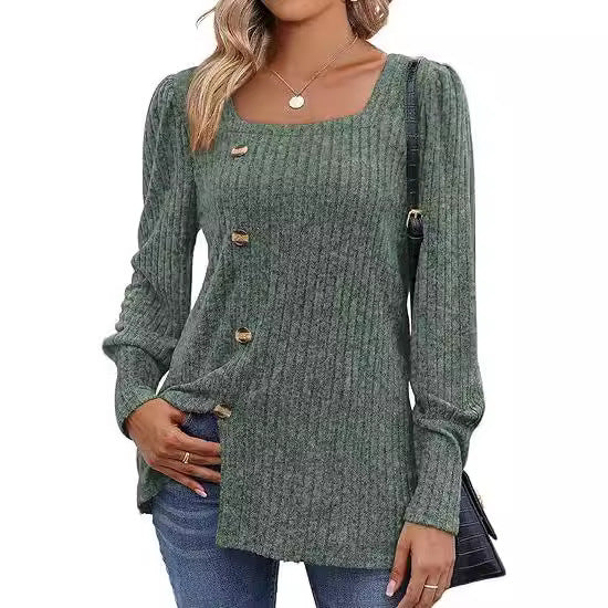 Women's Sunken Stripe Square Collar Bubble Long Sleeve Split Sweater
