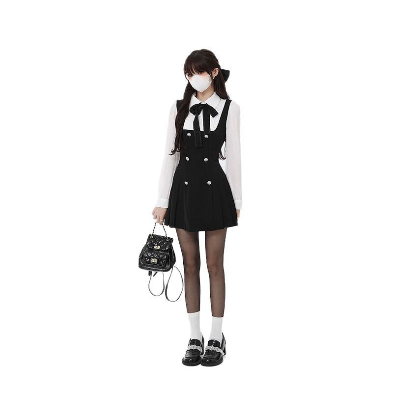 Women's Spring Sweet Pure Rich Long-sleeved Slimming Lapel Fake Two Skirts