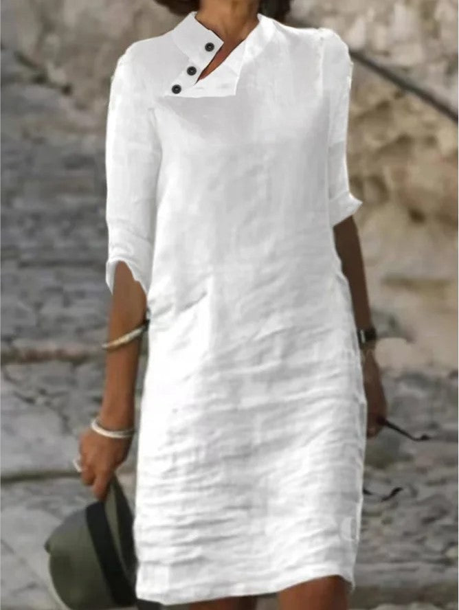 Casual Stand Collar Button Cotton Linen Solid Color Dresses