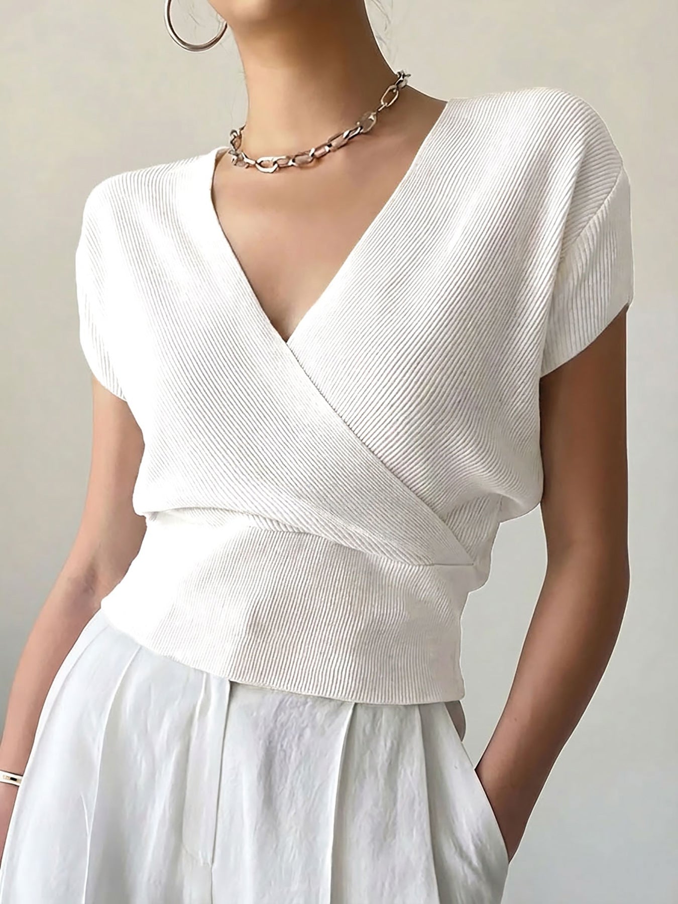 Women's Color With Cross Collar On Both Sides Easy Matching Waisted Women's Sweater