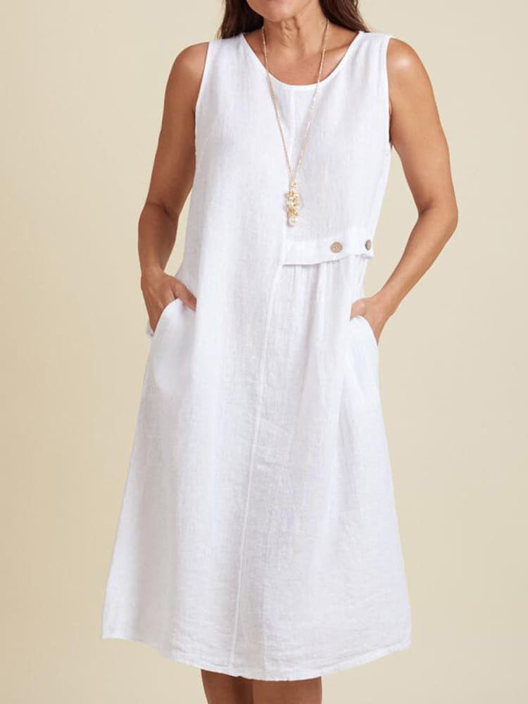 Women's Summer Button Pocket Sleeveless Round Neck Cotton Dress