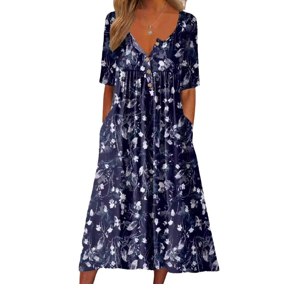 Women's Printed Pocket Clinch Long Dress Plus Size