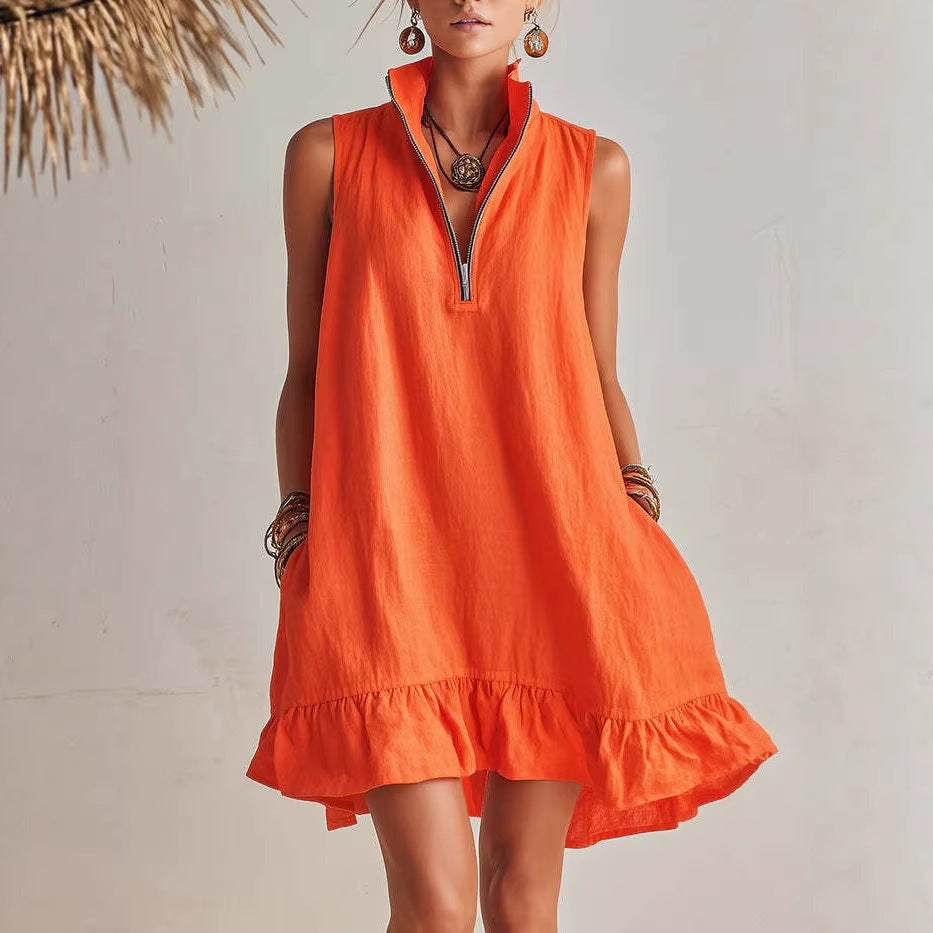 Women's Casual Loose Lotus Leaf Half Zip Dress
