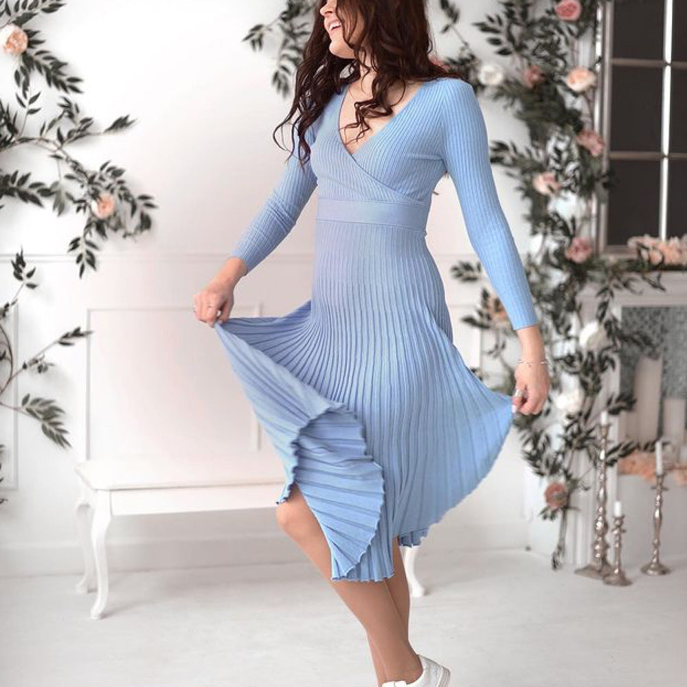 Women's Elegant Long-sleeved Wrapped Chest Mid-length Knitted Pleated Dresses
