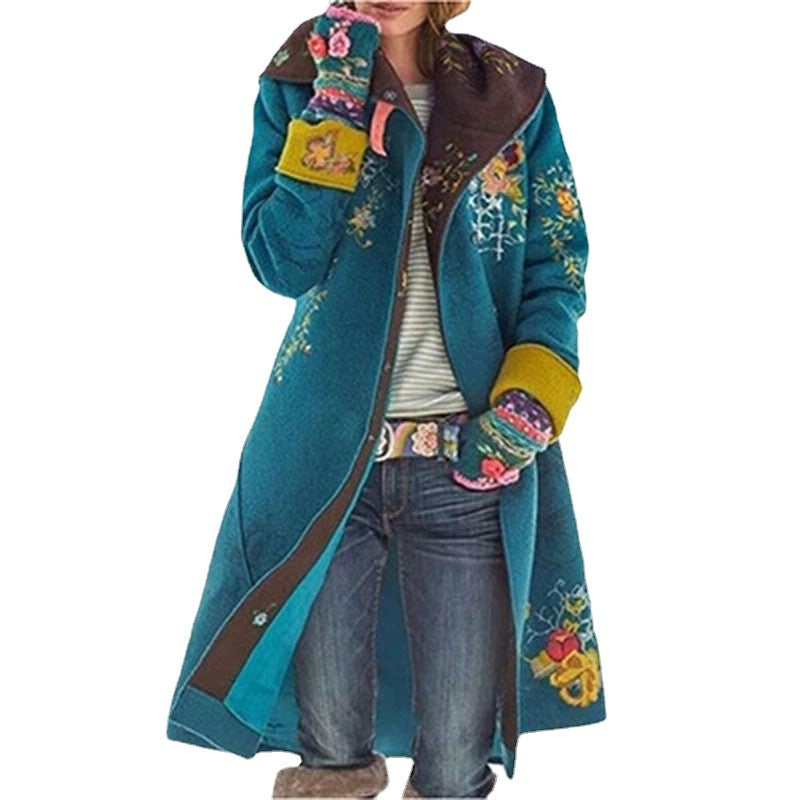 Women's Mid-length Printed Long Sleeve Woolen Cloth Coats