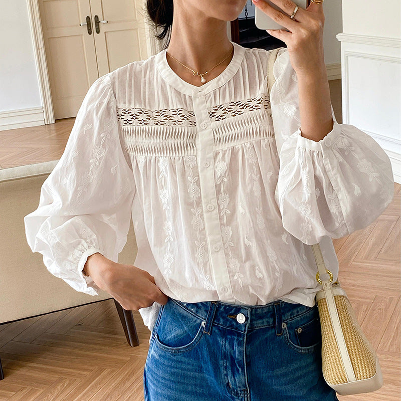 Women's Embroidery White Shirt Long Sleeve Stylish Blouses