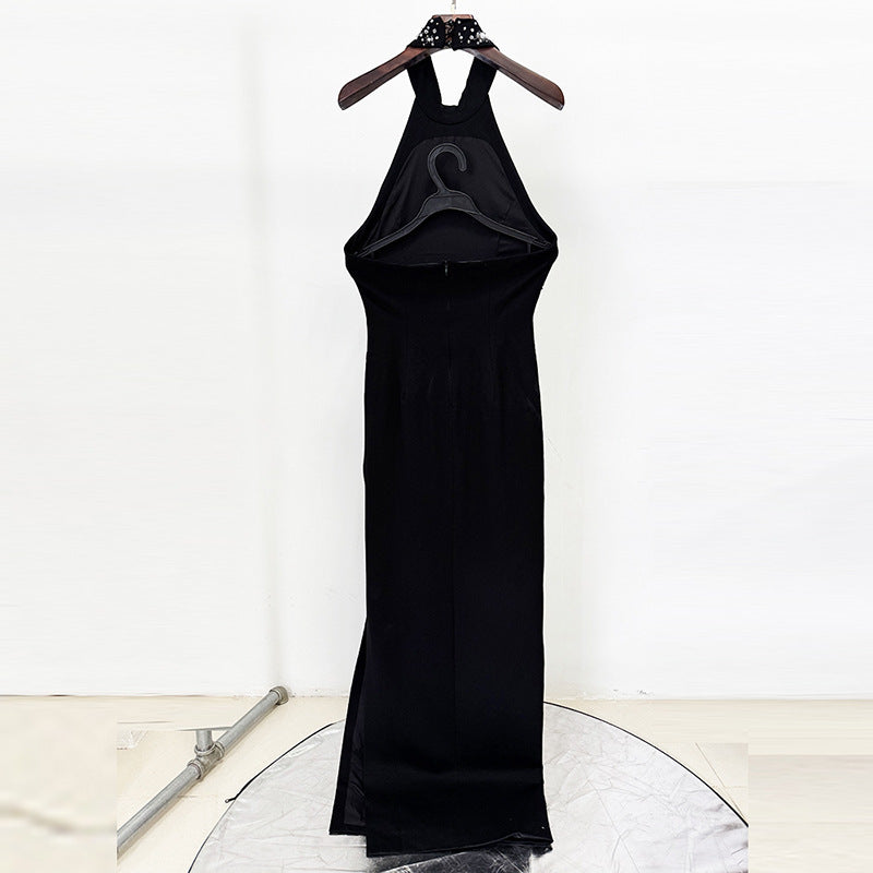 Fashion Three-dimensional Beads Rhinestones Stretch Halter Dress