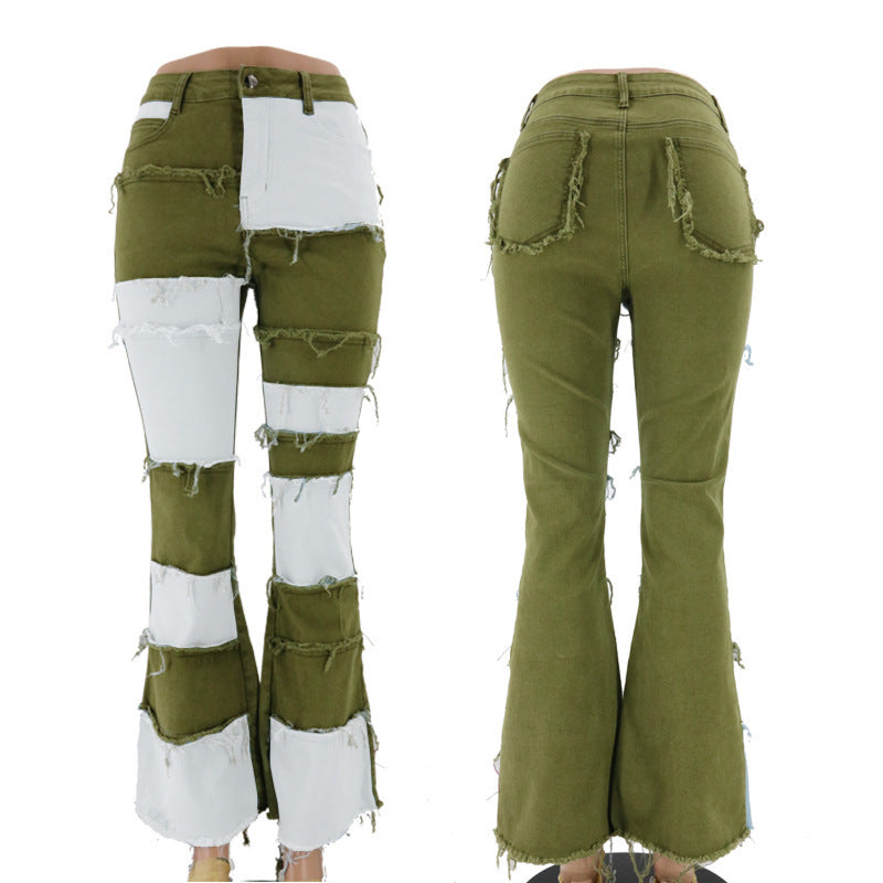 Women's Autumn Fashion Color Contrast Patchwork High Waist Jeans