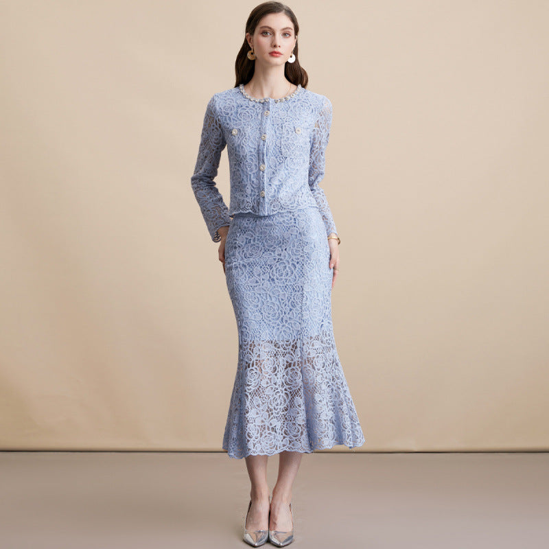 Diamond Round Neck Long Sleeve Crocheted Lace Dresses