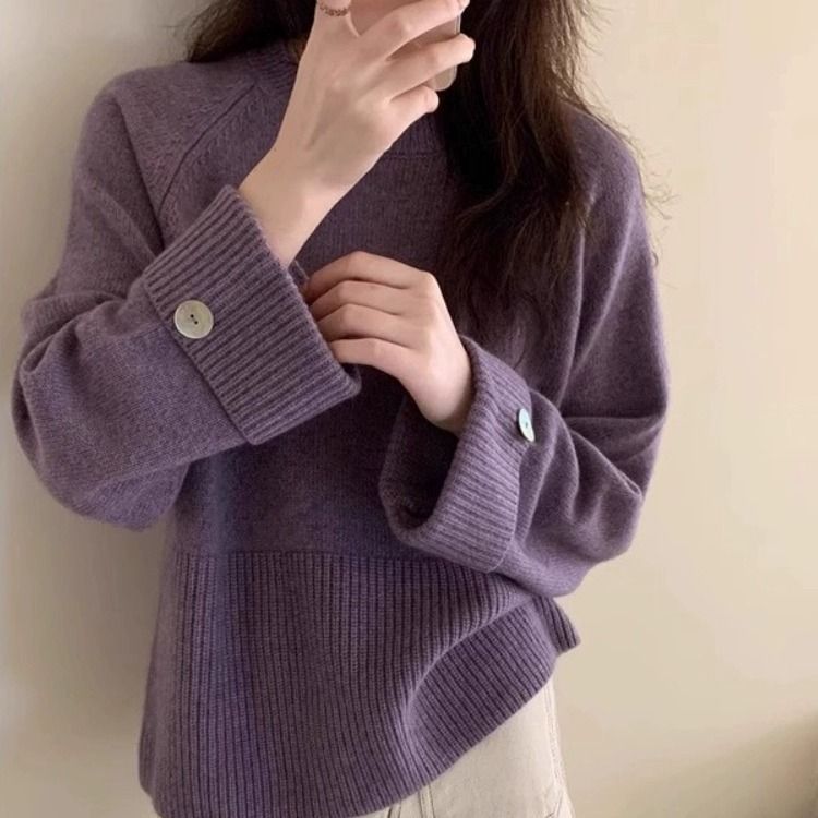 Women's Round Neck Pullover Thickened Niche Design Button Long Tops