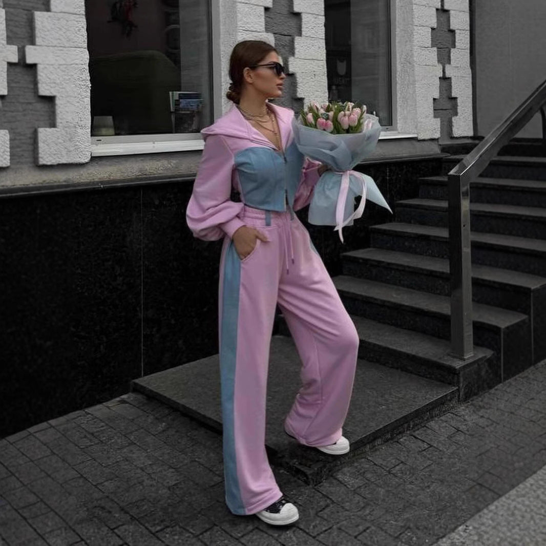 Women's Denim Stitching Hooded High Waist Trousers Fashion Casual Suit