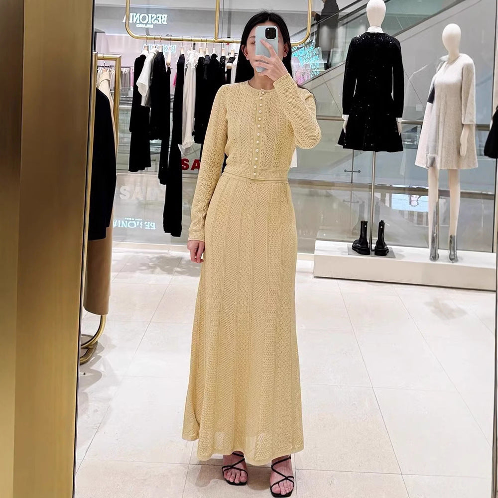 Women's French Style Knitted Long-sleeved High Waist Dress