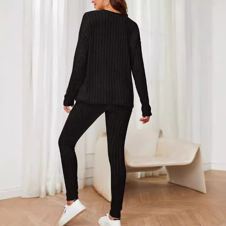 Women's Style Loose Round Neck Sunken Stripe Suits