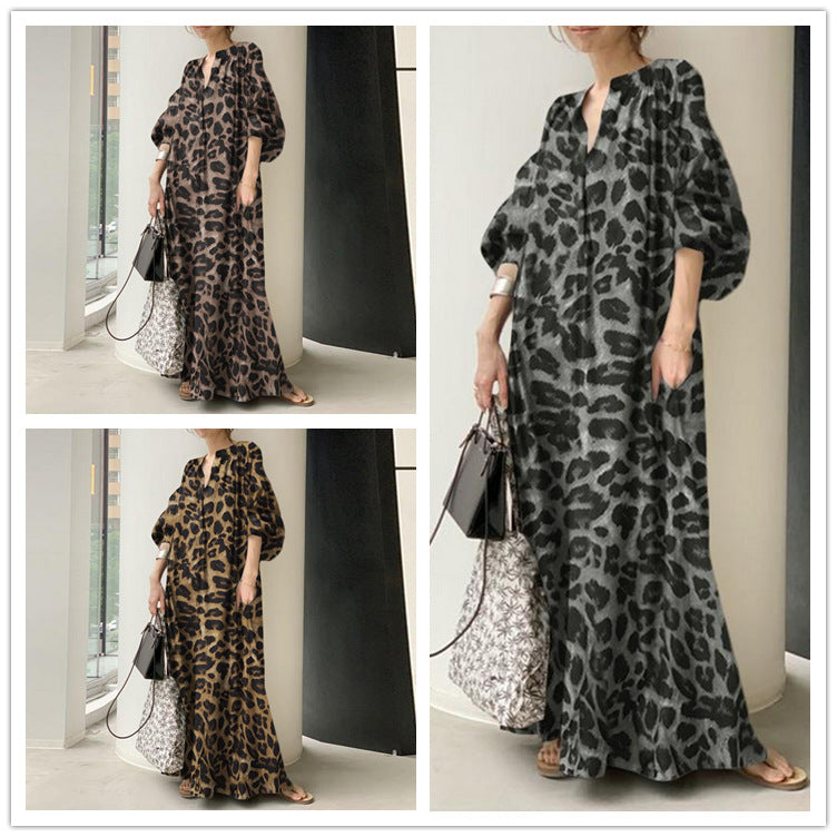 Temperament Leopard Print Printed Stand Collar Puff Sleeve Fashion Loose Dress