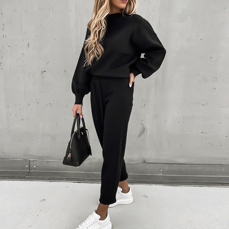 Women's Turtleneck Casual Solid Color Trousers Two-piece Suits
