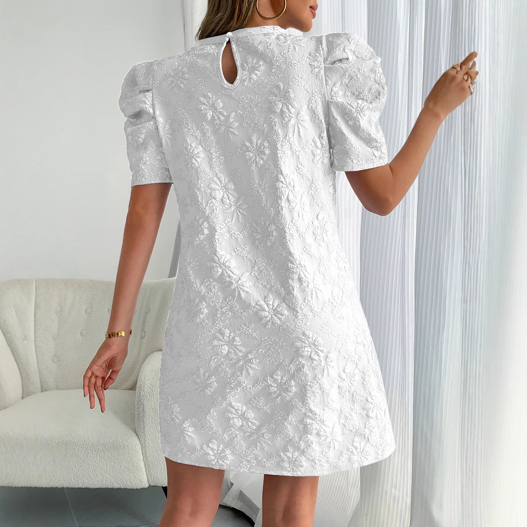 Women's Casual Puff Sleeve Textured Jacquard Dress
