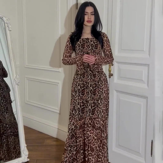 Spring Chiffon Leopard Print Ruffle Sleeve Temperament Long Dresses