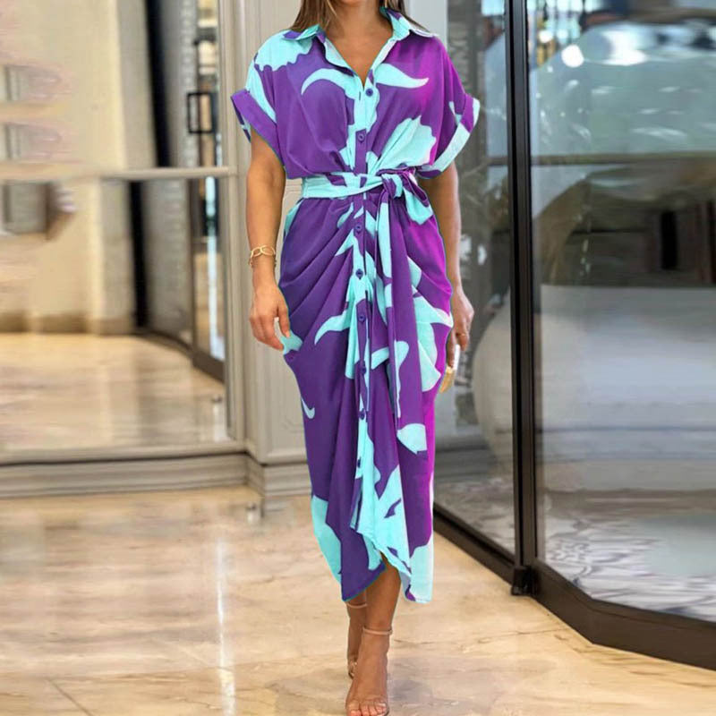 Women's Mid-length Sleeve Single-breasted High Waist Shirt Dresses