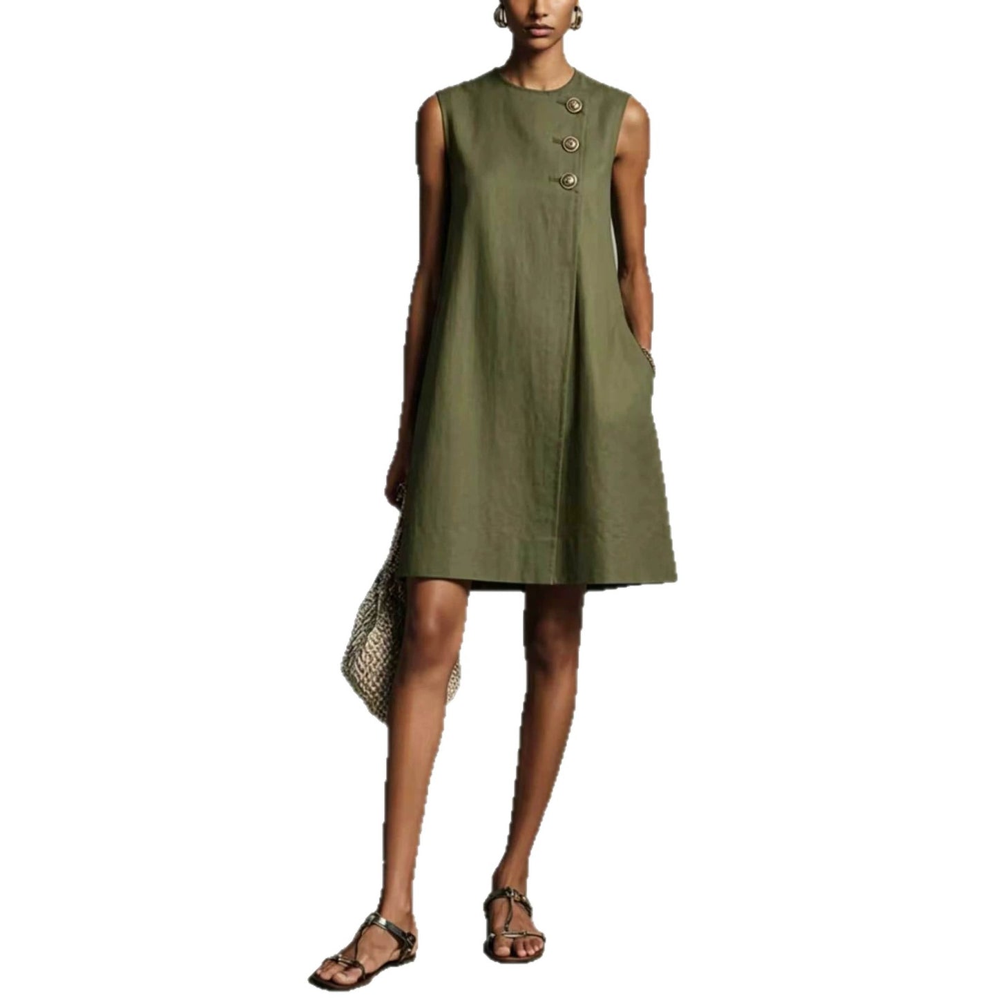 Women's Blended Round Neck Asymmetric Button Side Dress