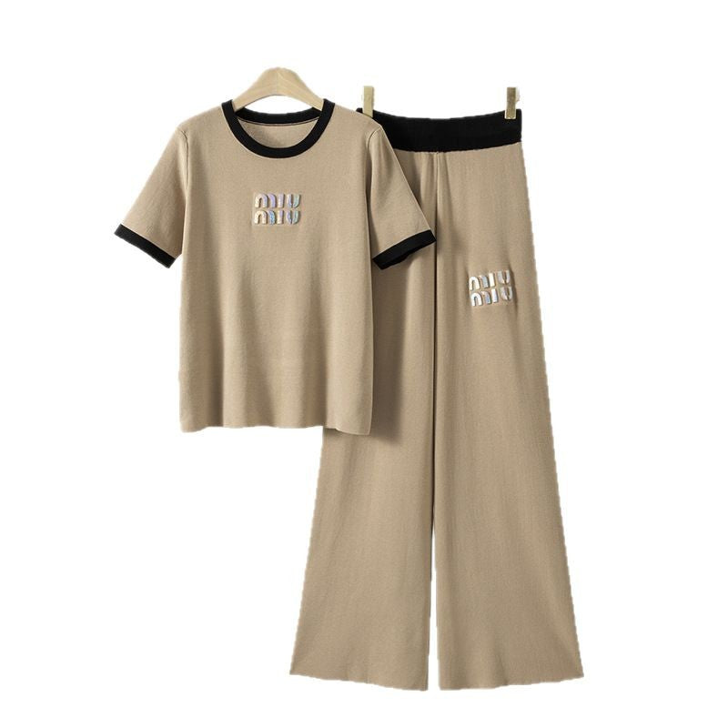 Women's Fashion Two-piece Embossed Rhinestone Letter Short-sleeved Suits