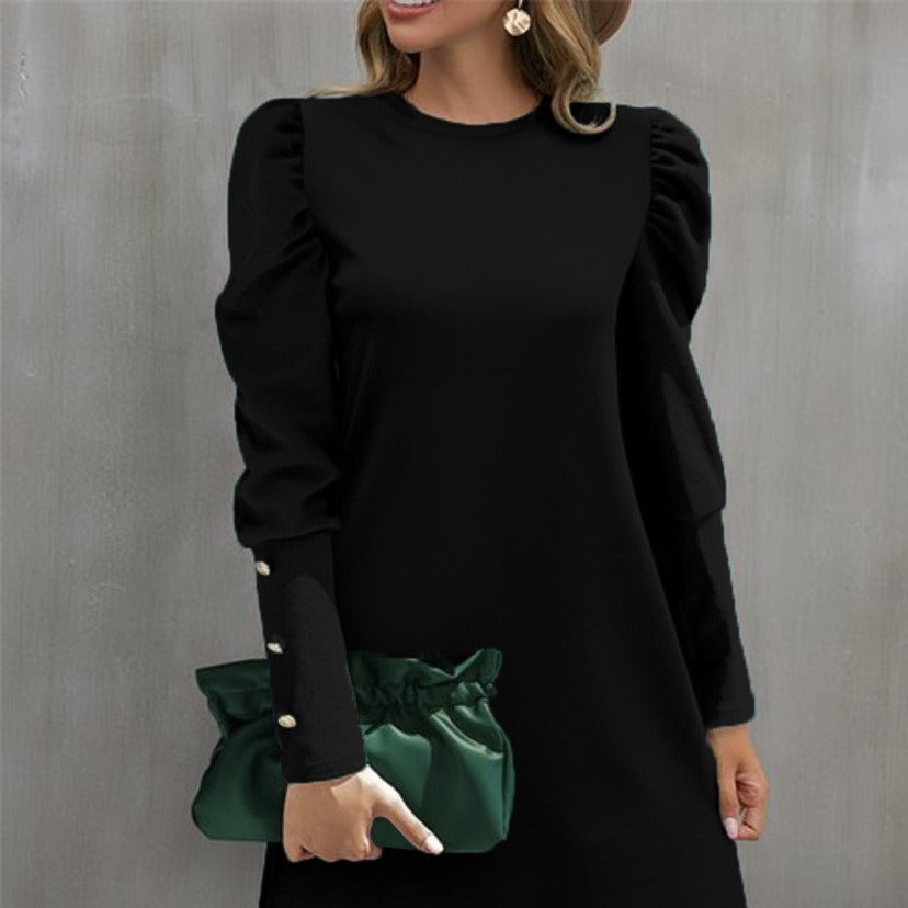 Women's Solid Color Round Neck Bubble Long Dress