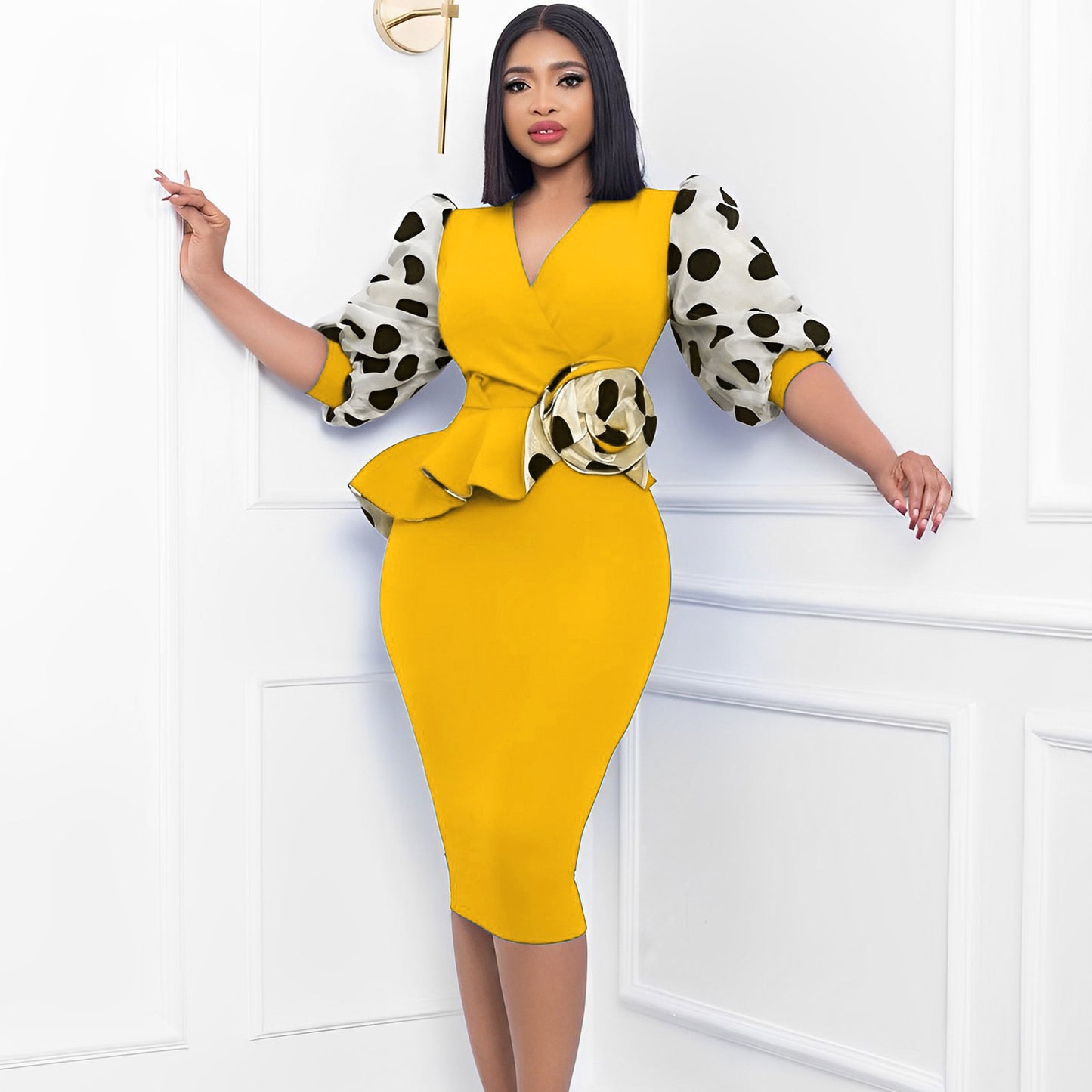 Women's Patchwork Temperament Mesh Puff Sleeve Pencil Dress