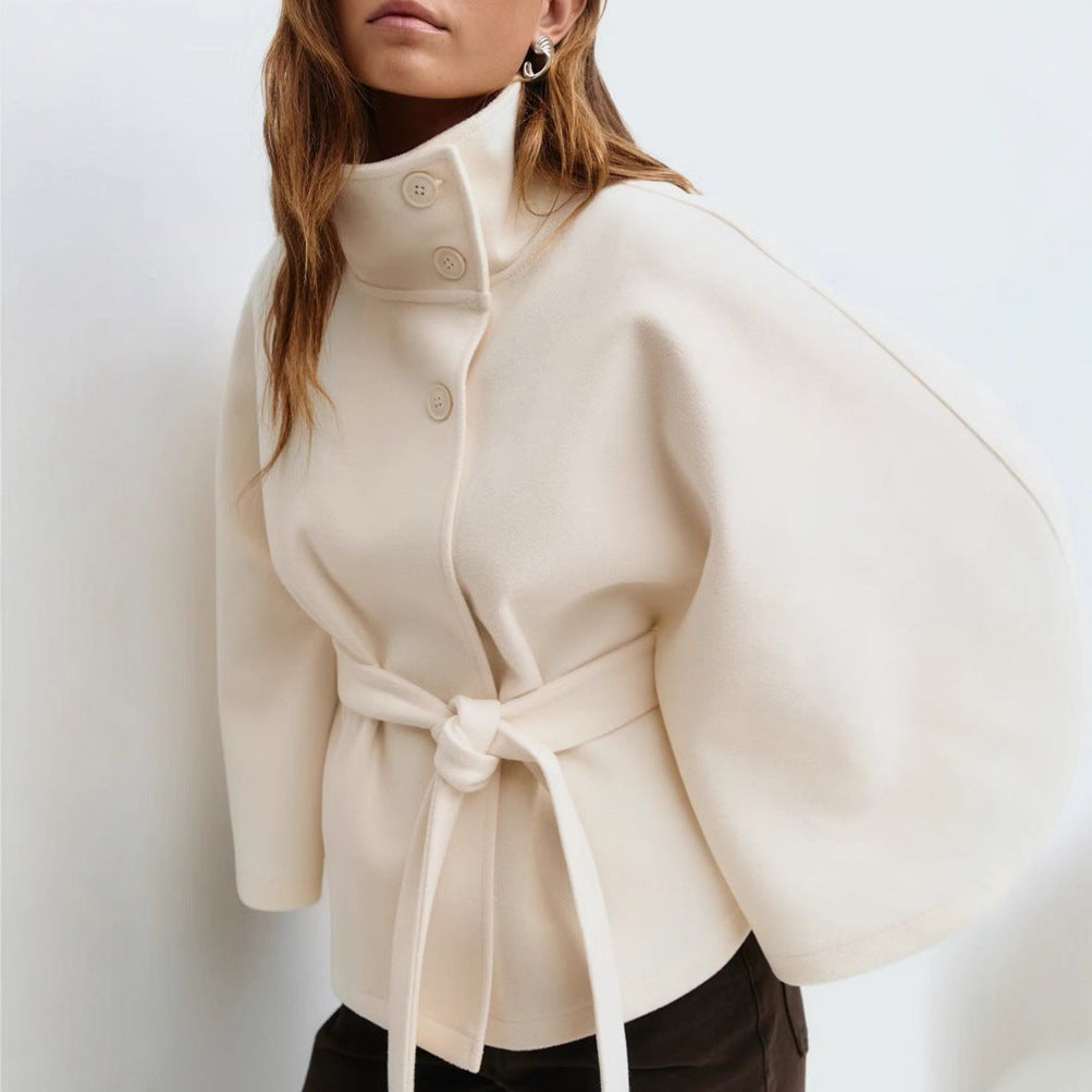 Women's Color Cloak Stand Collar Button Belt Coats